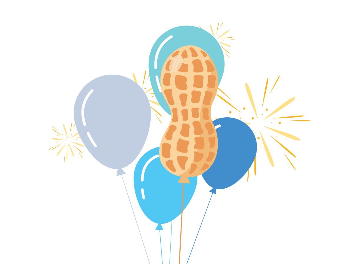A group of blue and gray balloons surrounds a large peanut with yellow fireworks in the background, all set against a white backdrop for a Birthday celebration.