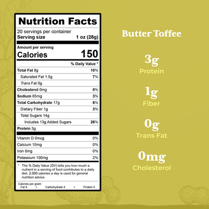 Nutrition label for Butter Toffee: 150 calories/serving, 3g protein, 1g fiber, 0g trans fat, 0mg cholesterol, 10mg calcium, 65mg sodium, and 10mg potassium. Sweet candy with a buttery coating. Yellow background.