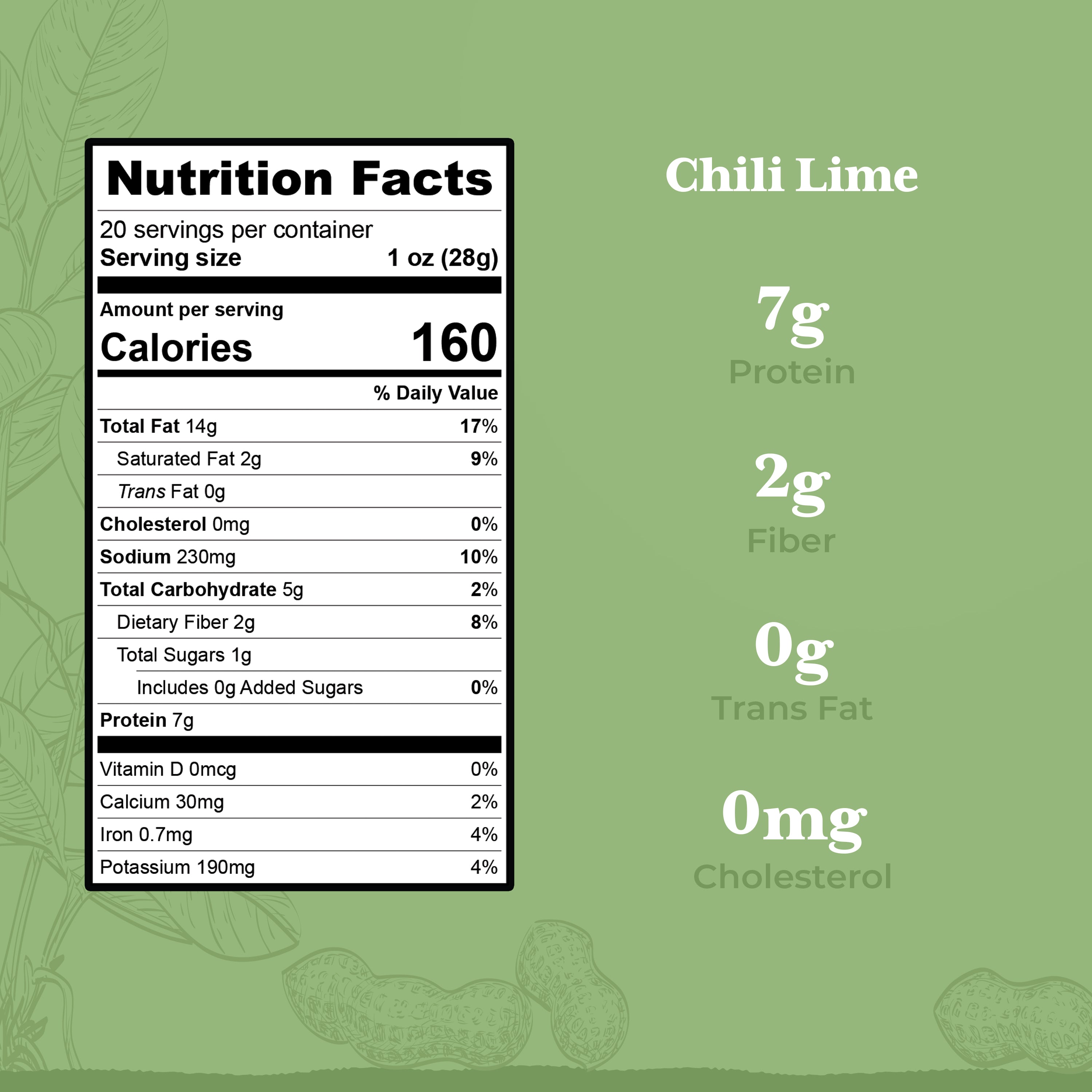 Nutrition facts label for Chili Lime peanuts shows 160 calories, 7g protein, 2g fiber, 0g trans fat, and 0mg cholesterol per 1 oz serving. Green background with peanut illustrations—ideal for protein snack lovers.