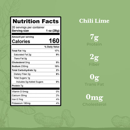 Nutrition facts label for Chili Lime peanuts shows 160 calories, 7g protein, 2g fiber, 0g trans fat, and 0mg cholesterol per 1 oz serving. Green background with peanut illustrations—ideal for protein snack lovers.