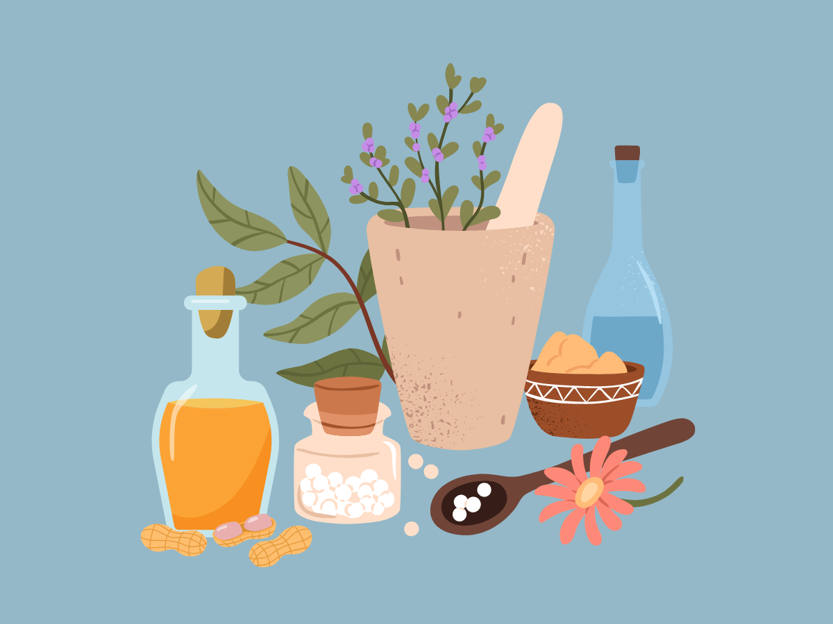 Illustration for Get Well Soon shows bottles of oils, a mortar and pestle with herbs, a bowl of yellow powder, a wooden spoon with pills, peanuts, and a pink flower, all set against a blue background.