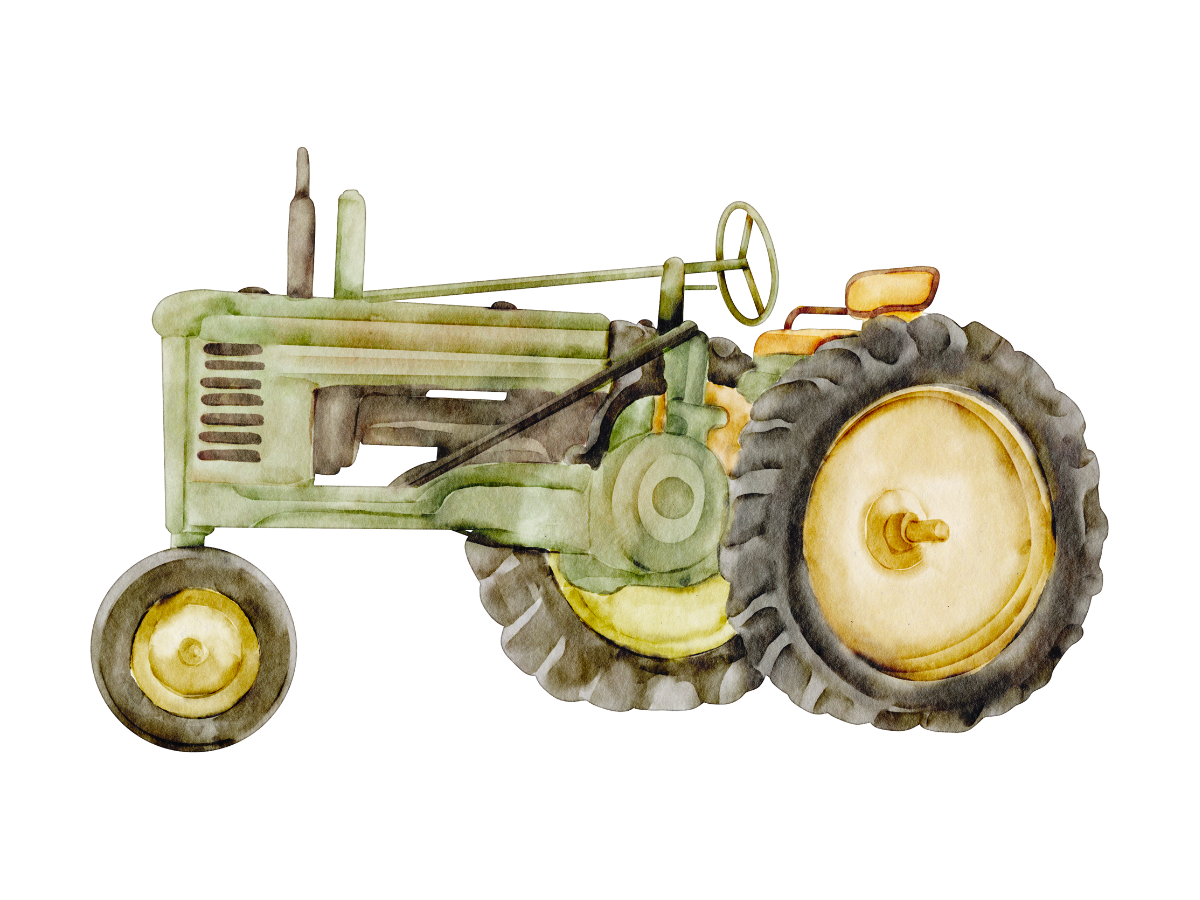 Harvest: Watercolor illustration of a vintage green and yellow tractor with large rear wheels and steering wheel, shown side view on a white background.