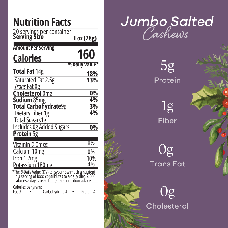 Nutrition label for jumbo salted cashews with festive design elements.
