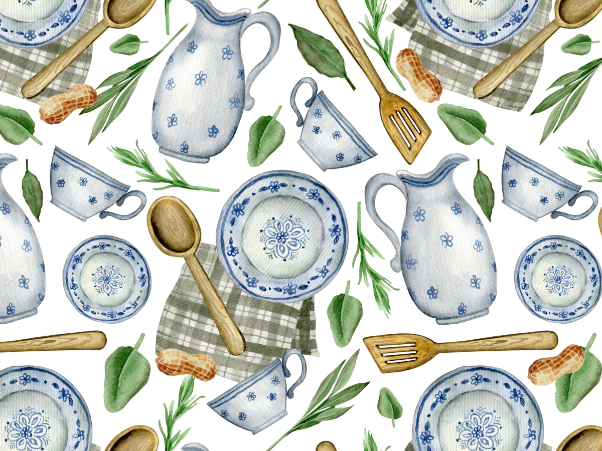 Housewarming: Watercolor pattern with blue and white dishes, cups, pitchers, wooden utensils, green herbs, peanuts, and checkered cloths on a white background.