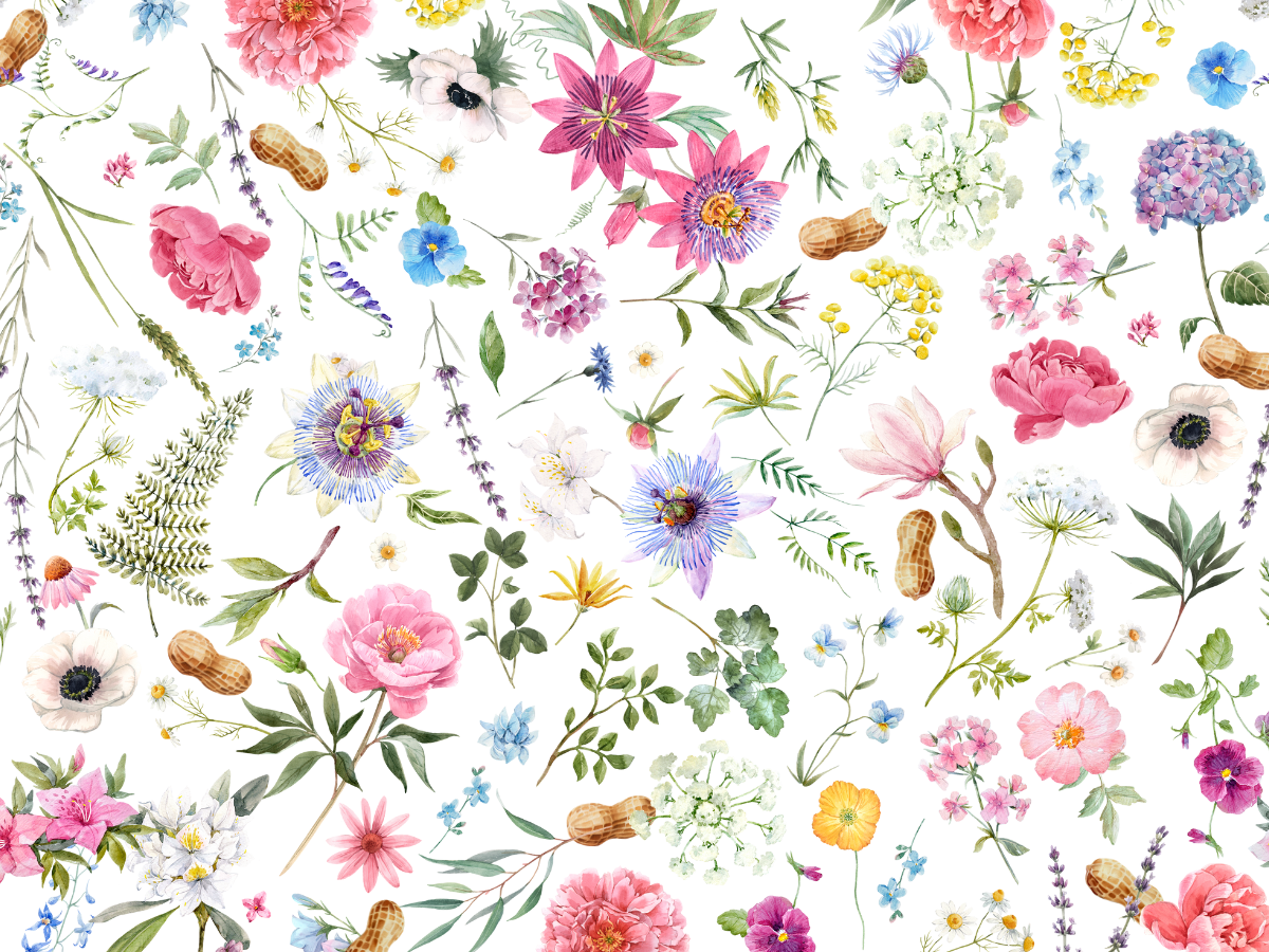 For the Moms" features a seamless pattern of vibrant watercolor flowers, green leaves, peanuts, and botanical elements in pink, blue, purple, and yellow on a white background.