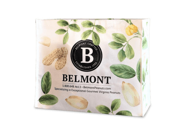 The Belmont Peanuts Reusable Shopping Bag features peanut, leaf, and flower illustrations, the Belmont logo and contact info on the front, all on a white background for a gourmet, natural look.