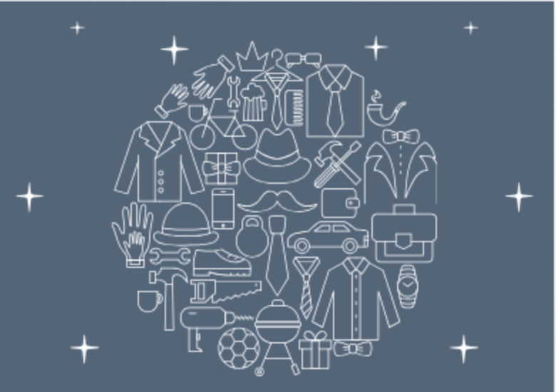 A circular collage titled "For the Dads" features white line drawings of men's clothing, accessories, tools, a car, and more on a blue background, with stars scattered outside the circle.