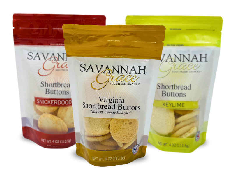 Enjoy a 4 oz bag of Virginia Shortbread Buttons by Savannah Grace, featuring light and crisp shortbread cookies with classic Southern flavor.