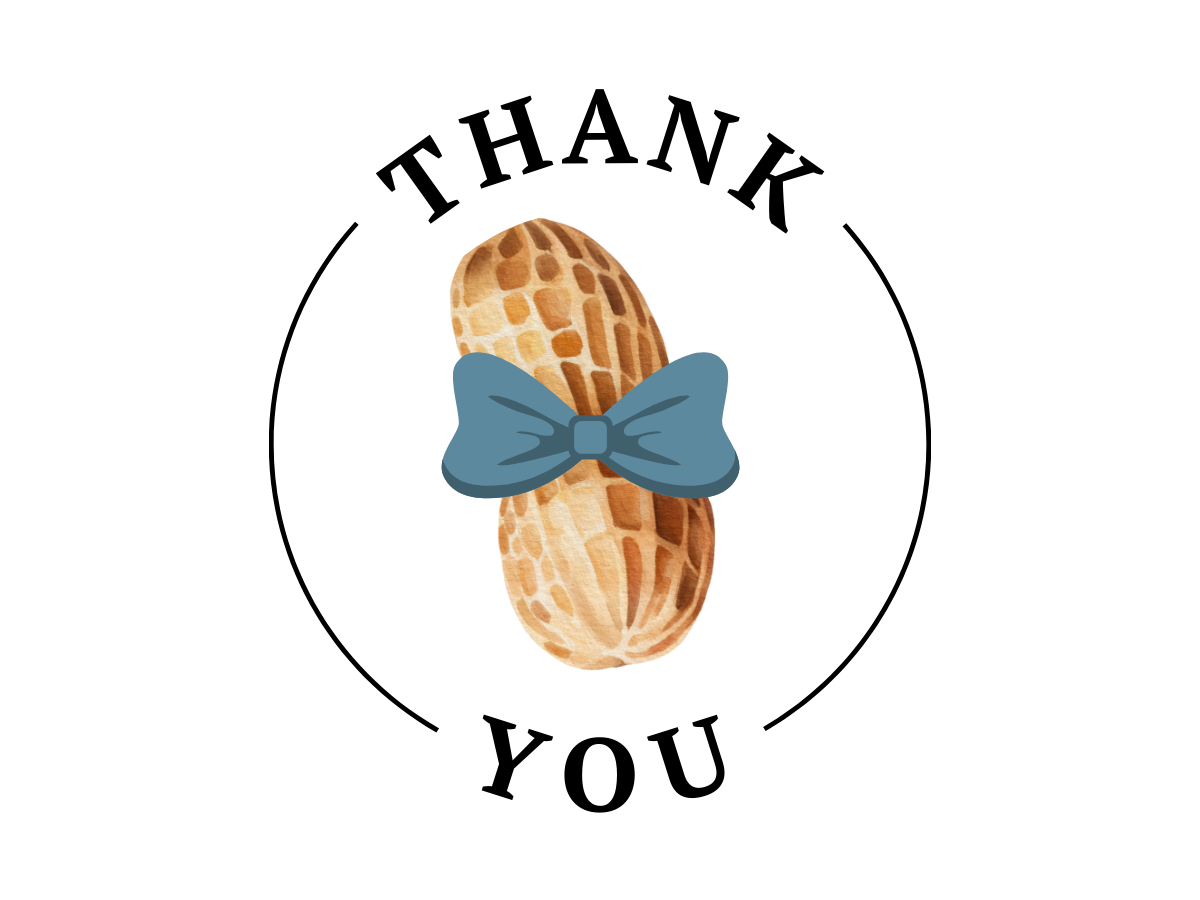 The Thank You product features a peanut in a blue bow tie centered between the arched words "THANK YOU" above and below, all set against a white background.