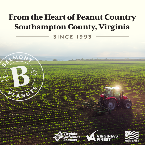 A red tractor crosses a green peanut field under cloudy skies. Text: From the Heart of Peanut Country, enjoy Chili Lime Gourmet Virginia Peanuts—perfect protein snacks. Logos for Belmont Peanuts, Virginia’s Finest, and Made in USA appear.