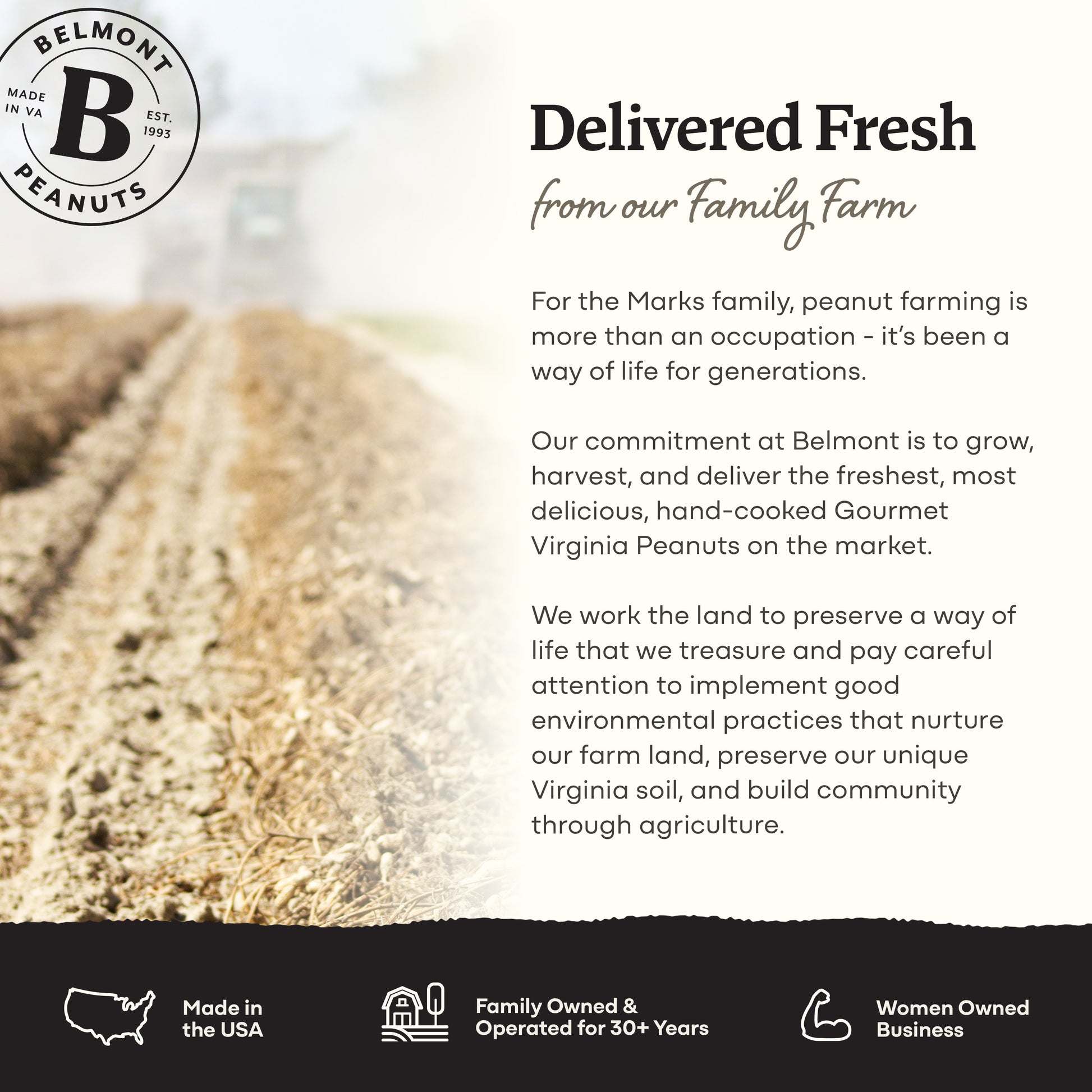 A field with soil rows on the left and text on the right highlights Belmont Peanuts’ dedication to fresh, sustainable farming. Icons below showcase Chili Lime Gourmet Virginia Peanuts, USA-made protein snacks, family- and women-owned pride.