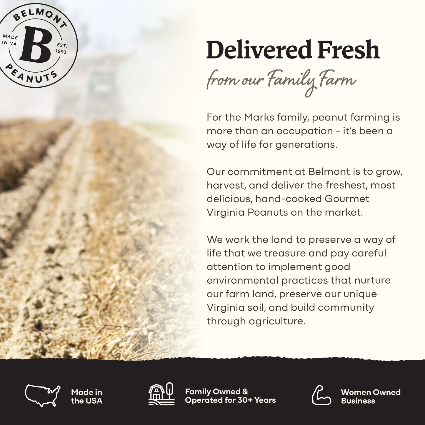 A Belmont Peanuts graphic spotlights their Garlic & Herb gourmet Virginia peanuts, sustainable family farming, “Made in the USA,” “Family Owned,” and “Women Owned” icons. A field scene sets the background for this protein-rich snack.