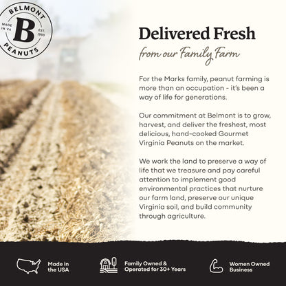 A pile of premium Unsalted peanuts is shown beside text emphasizing Belmont Peanuts’ family farm values, eco commitment, and icons for USA-made, family- and women-owned business. Try our Unsalted peanuts—no salt added.