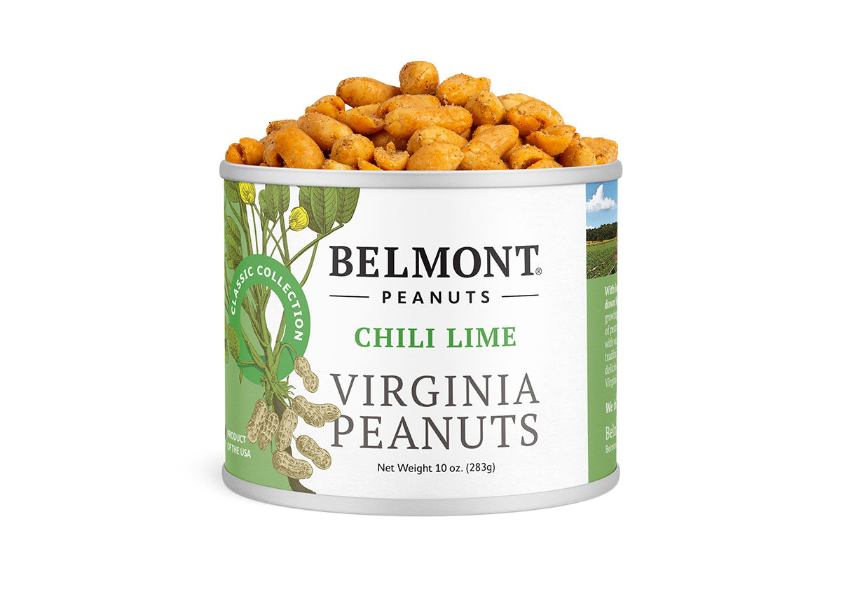 A 10 oz can of Chili Lime peanuts with the lid off reveals seasoned Citrus Chili Pepper peanuts inside. The white and green label shows peanuts and leaves, making it a bold, protein-rich snack choice.