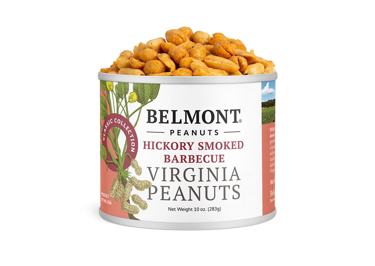 A can labeled "Hickory Smoked BBQ" is filled to the top with hickory smoked peanuts. The red and white label displays peanut and plant illustrations, highlighting these sweet, smoky snacks.