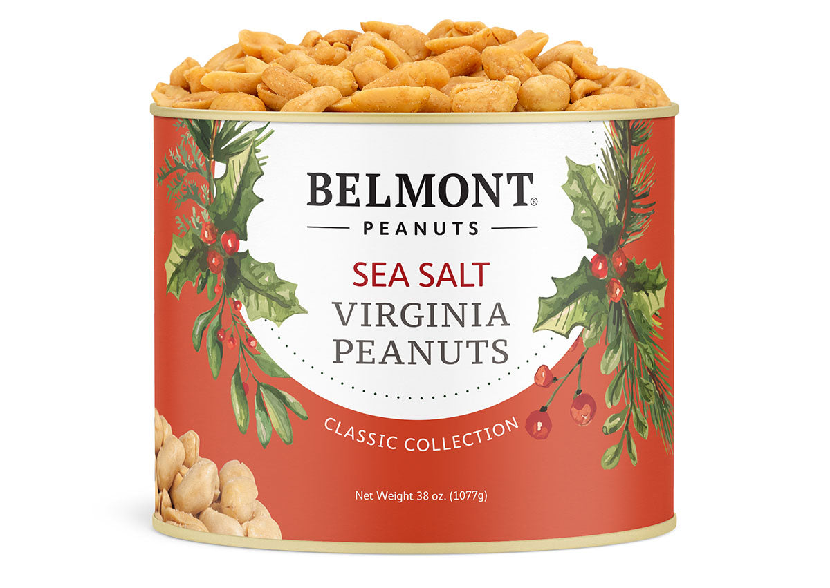 An open can of Belmont 38 oz. Single Holiday Sea Salt Peanuts with a red holiday holly label shows gourmet Virginia peanuts inside. Net weight: 38 oz (1077g).