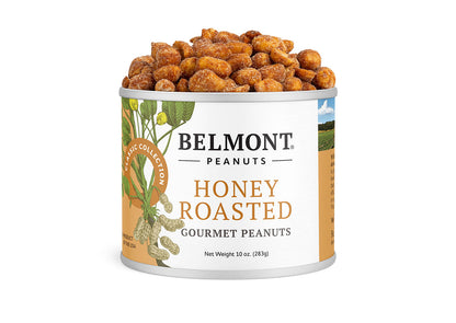 An open can of Honey Roasted peanuts reveals caramel-colored, sugar-coated jumbo peanuts inside. The label displays peanut plant illustrations and product details.