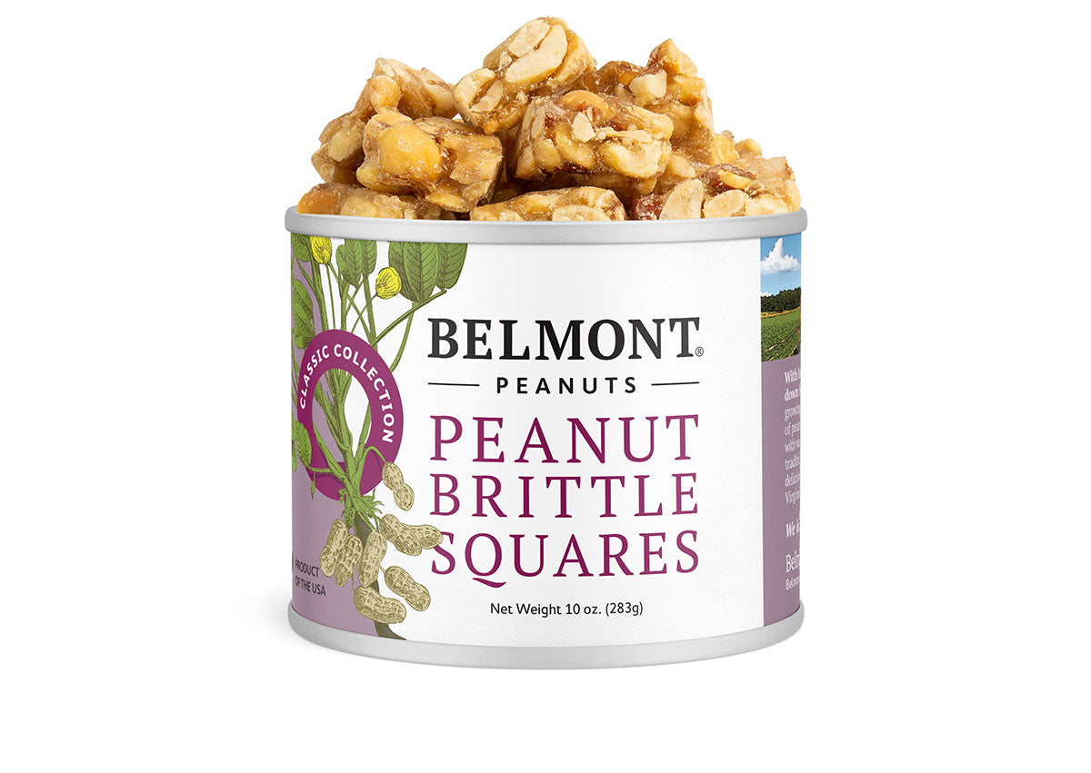 Peanut Brittle Squares come in a container with illustrations of peanuts and leaves, filled with chunky bite-size peanut brittle candy. Net weight: 10 oz (283g).