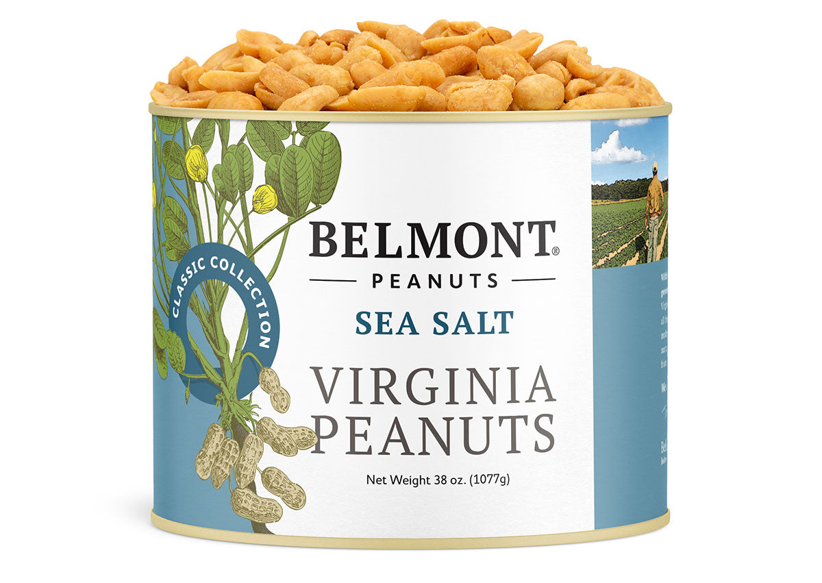 A can labeled "Sea Salt" features a drawing of a peanut plant with shelled peanuts on top. The light blue and white can shows a farm image, highlighting these gourmet Virginia peanuts. Net weight: 38 oz (1077g).