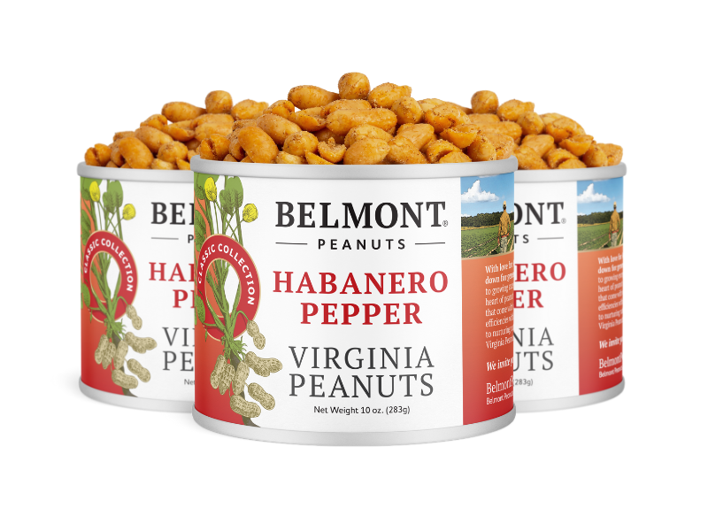 Three tins of Habanero Pepper peanuts, filled to the top with seasoned habanero peanuts, are displayed with front and side labels visible against a white background.
