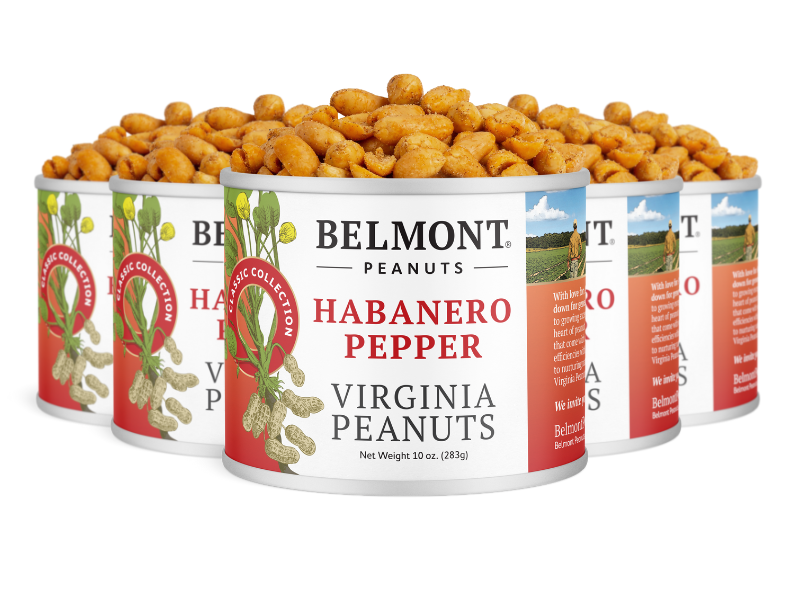 Five cans of Habanero Pepper are arranged in a row, with the front can clearly showing the label and spicy snack peanuts overflowing from the top.