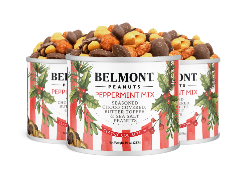 Three tins of Belmont 10 oz. 3-Pack Holiday Peppermint Mix, with choco covered, butter toffee, and sea salt peanuts in festive red and white striped packaging with holiday greenery.