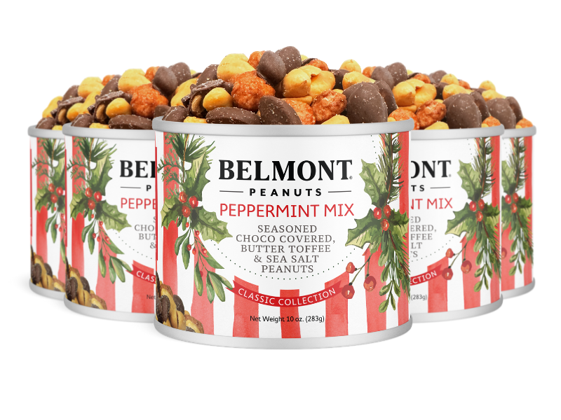 Six cans of Belmont 10 oz. Holiday Peppermint Mix with a festive striped and holly label, showing chocolate-covered, butter toffee, and peppermint peanuts visible at the top of each open can.