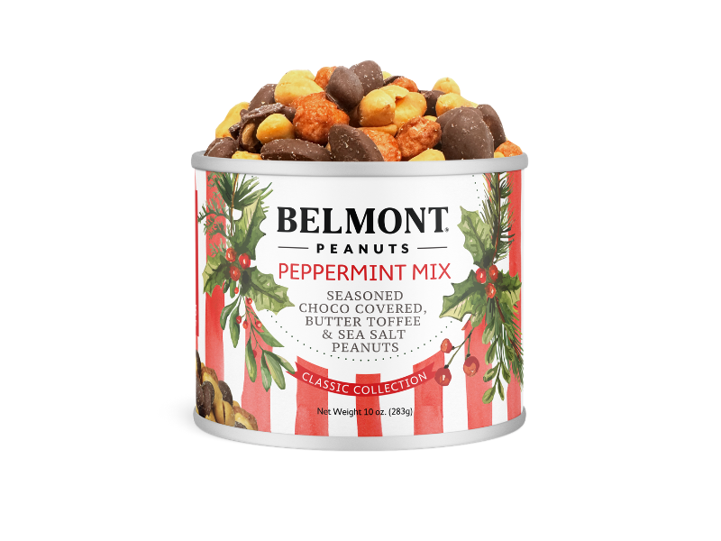 Belmont 10 oz. Single Holiday Peppermint Mix comes in a festive can with peppermint stripes, greenery, and peanut images. Savor butter toffee, chocolate-covered, and sea salt peanuts in each bite.