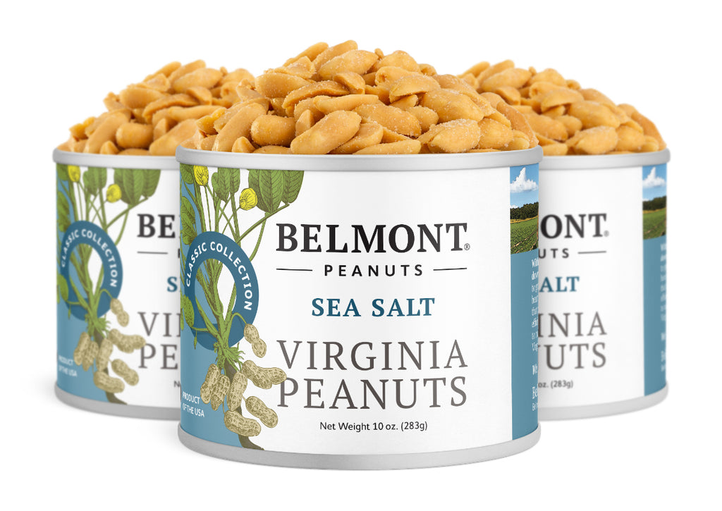 Three cans of Sea Salt peanuts are displayed, one upfront and two behind. The open cans, filled with gourmet peanuts, have blue and white labels decorated with peanut plant images.