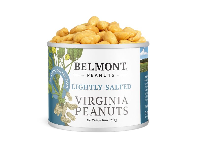 A 10-ounce can of Lightly Salted Virginia Peanuts, featuring extra-large peanuts on the label, shows lightly salted peanuts piled high for a fresh, flavorful snack.
