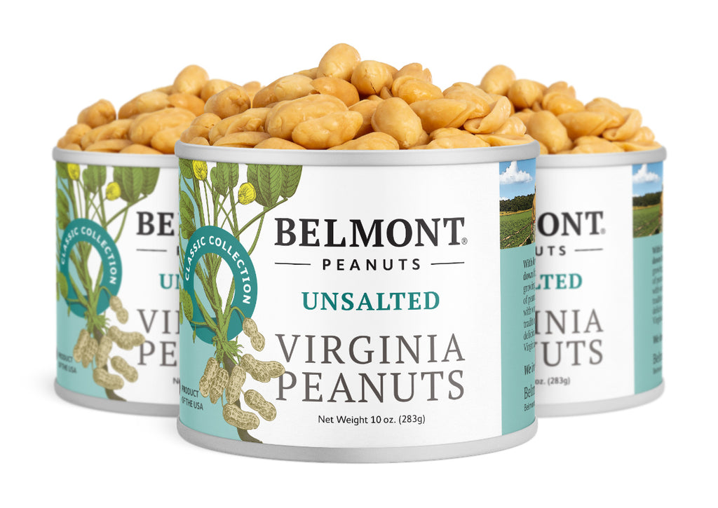 Three cans of Belmont Unsalted Virginia Peanuts are displayed, each labeled "Unsalted" with peanut plant illustrations. The cans are filled to the top with premium peanuts and feature a "no salt added" message.