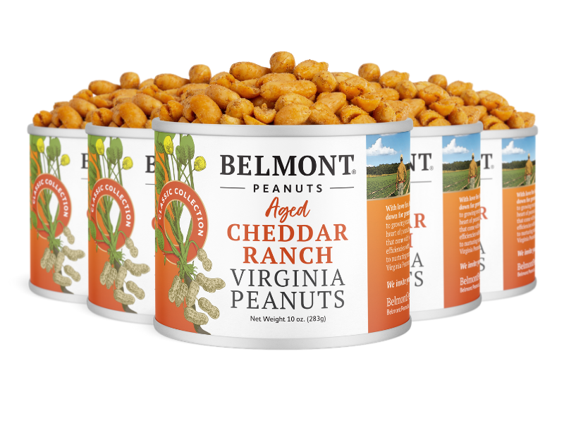 Five cans of Aged Cheddar Ranch peanuts are shown, each filled to the top with this savory snack and sporting a colorful label featuring peanuts and cheddar cheese.