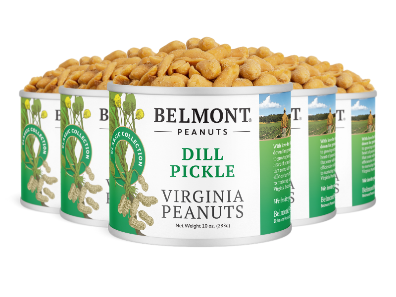 Five cans of Belmont Peanuts Dill Pickle are lined up, each white with green accents and images of seasoned peanuts, emphasizing the bold pickle flavor. Each can contains 10 oz.