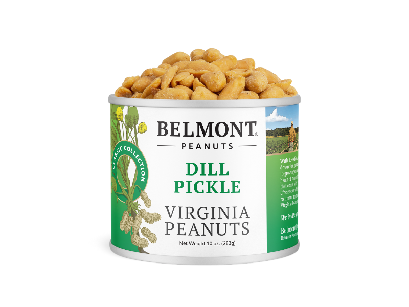 A can of Dill Pickle peanuts with green and white branding shows seasoned peanuts inside. The open 10 oz (283g) can highlights the bold pickle flavor in every bite.