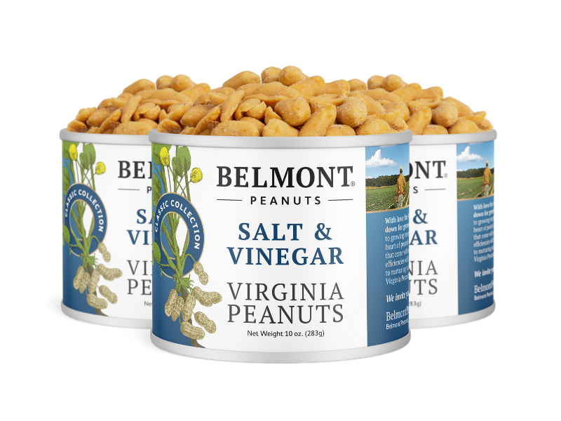 Three cans of Belmont Salt & Vinegar Virginia Peanuts feature salted vinegar peanuts on top and a blue and white label with green leaves and peanut illustrations.