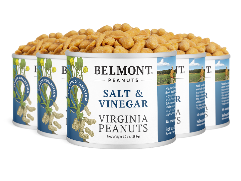 Four cans of Salt & Vinegar gourmet peanuts are arranged in a row, with the front can in focus. The cans are white with blue and green label accents, displaying images of peanuts and peanut plants.