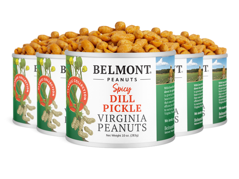 Five cans of Spicy Dill Pickle are arranged in a staggered row, peanuts overflowing from each. The vibrant labels showcase playful dill and peanut illustrations, emphasizing the bold, spicy flavor of this unique snack.