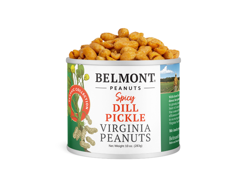 A can of Spicy Dill Pickle Virginia Peanuts offers a bold, spicy snack, packed with peanuts. The can has green and red accents with illustrations of peanuts and dill.