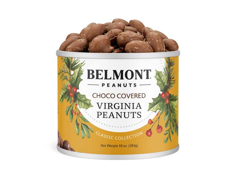 A 10 oz. cylindrical tin labeled Holiday Chocolate Covered Peanuts features gourmet Virginia peanuts in chocolate, wrapped in a festive yellow holly design—an ideal Classic Collection holiday gift.