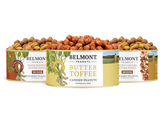 Three cans of the Butter Toffee Peanuts Sampler by Belmont Peanuts—Maple Bourbon, Butter Toffee, and Salted Caramel—are arranged in a staggered formation on a white background.