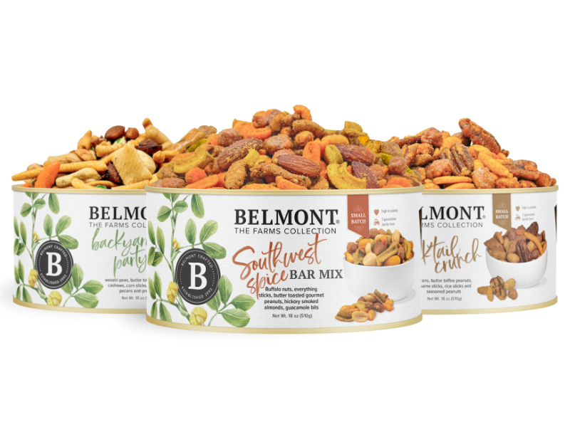 Three tins of the Bar Mix Sampler Pack are shown, featuring Backyard Party, Cocktail Crunch, and Southwest Spice Bar Mix flavors, each filled with a colorful variety of nuts and crunchy snacks.