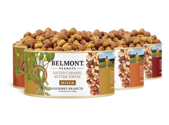 Four cans of Butter Toffee Mixers Sampler Pack, filled with assorted coated peanuts, are arranged in a row. The front can prominently shows its label and ingredients, creating an enticing sampler pack.