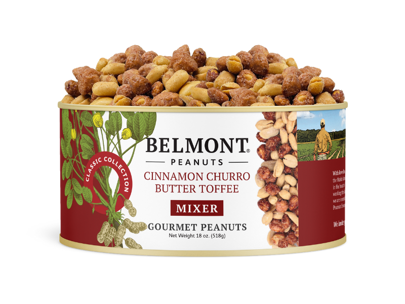 A can of Belmont Peanuts Cinnamon Churro Butter Toffee Mixer, featuring assorted butter toffee peanuts. The label shows peanut illustrations and a photo of a farmer in a field.