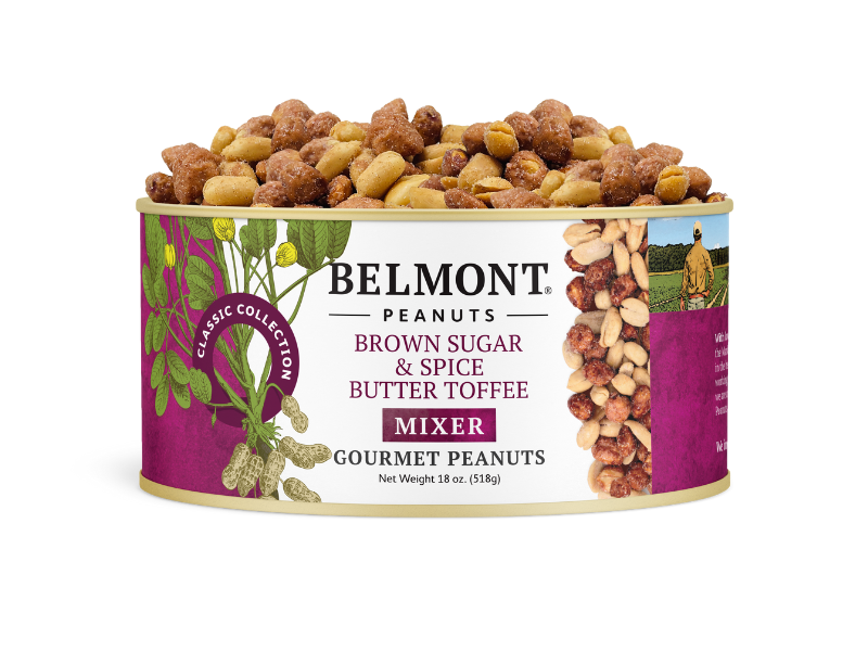 A can of Brown Sugar & Spice Butter Toffee Mixer Virginia peanuts, shown with a close-up of candied peanuts and a decorative label featuring illustrations and text.
