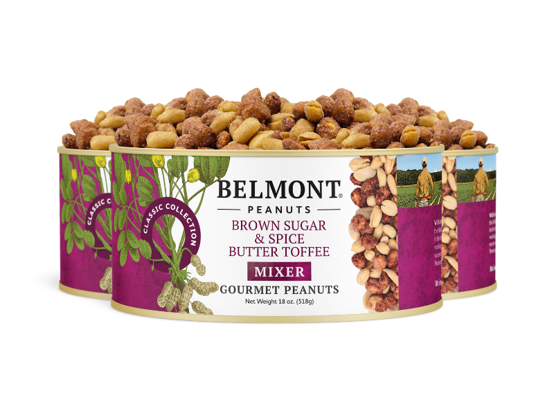 Three tins of Brown Sugar & Spice Butter Toffee Mixer are shown, each with a colorful label depicting candied peanuts and a farmer in a field. The cans are generously filled to the top.