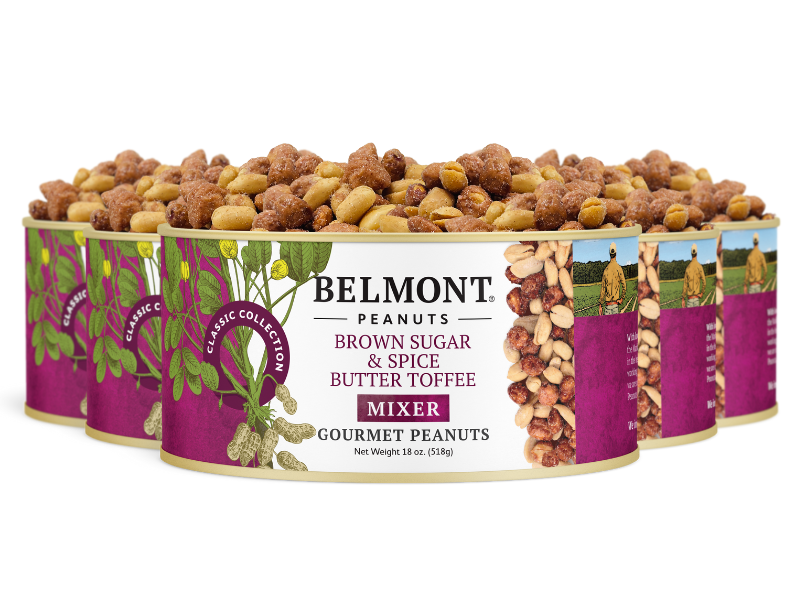 Six cans of Brown Sugar & Spice Butter Toffee Mixer are lined up in a row, each open to display the candied Virginia peanuts inside and featuring the product label.