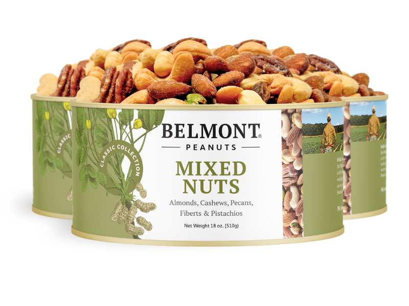 Three cans of Mixed Nuts, each filled with a gourmet blend of almonds, cashews, pecans, filberts, and pistachios, featuring green and beige labels illustrated with nuts and peanut plants.