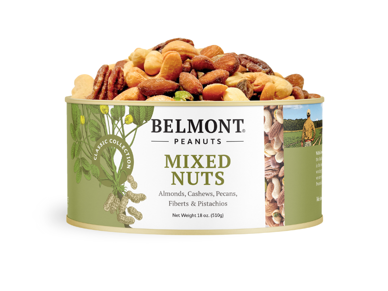A round can of Mixed Nuts with a green label displays images and text about the premium nut blend inside, featuring almonds, cashews, pecans, and more for a gourmet snack.