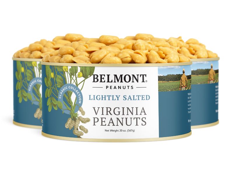 Three cans of Lightly Salted Virginia peanuts, open to show extra-large peanuts inside. The blue-green labels display peanut plant illustrations and the words Classic Collection.