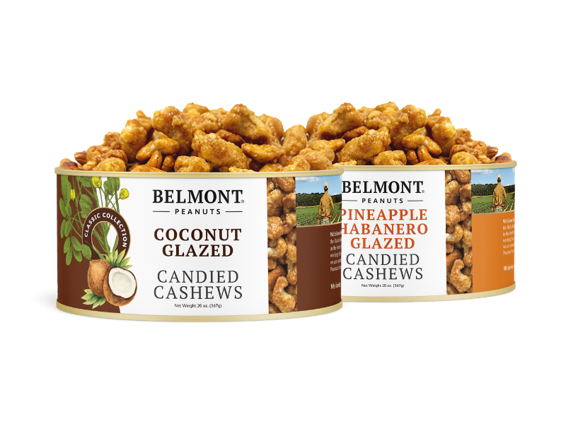 The Candied Cashew 2-Pack includes two tins: one with tropical coconut cashews and another with bold pineapple habanero cashews, both packed with sweet, crunchy treats.